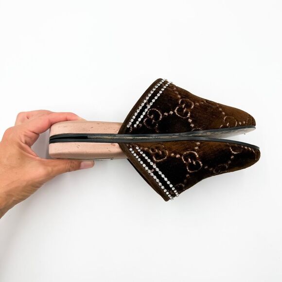 Gucci GG Brown Velvet Crystal Mules Slippers Loafers EU 38 US 8 - Picture 8 of 12